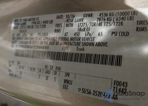 2017 Ford F-250 Xlt from USA, damaged, VIN 1FT7W2B69HEB90891